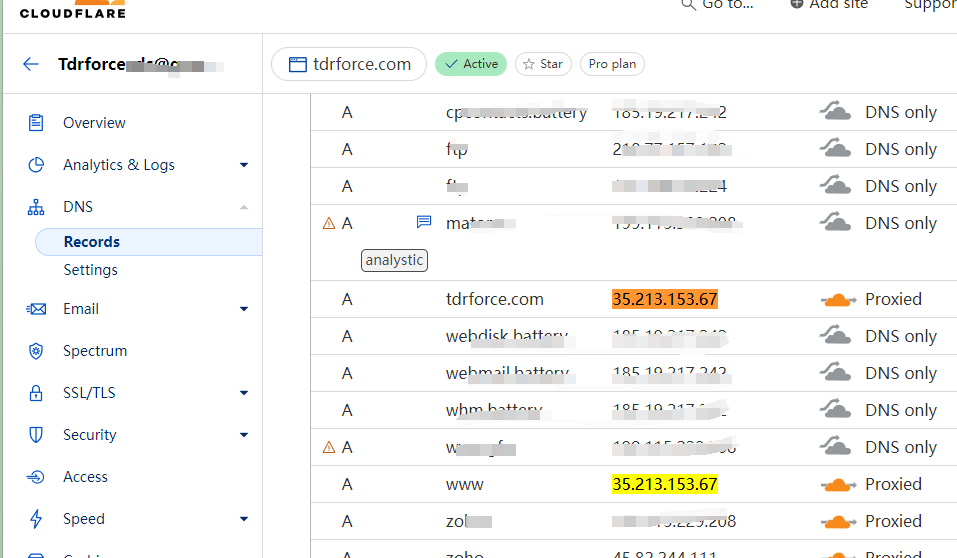 CloudFlare的DNS解析中A记录指向新服务器