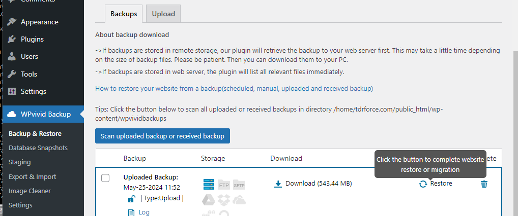 刷新WPvivid后会看到这个Restore